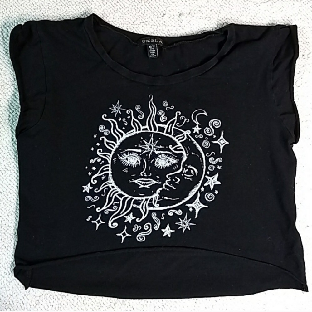 UK2LA black crop top with white celestial pattern